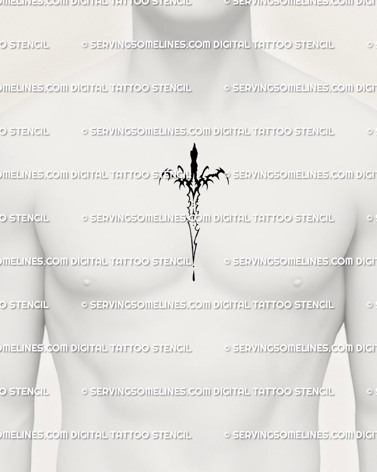 Digital tattoo stencil on men’s chest centered placement, showing neo-tribal sword design, perfect small chest tattoo.