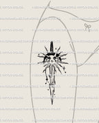 Sword tattoo stencil on forearm, celestial cyber design with sun and moon elements and digital spark details, minimal and symbolic art. 