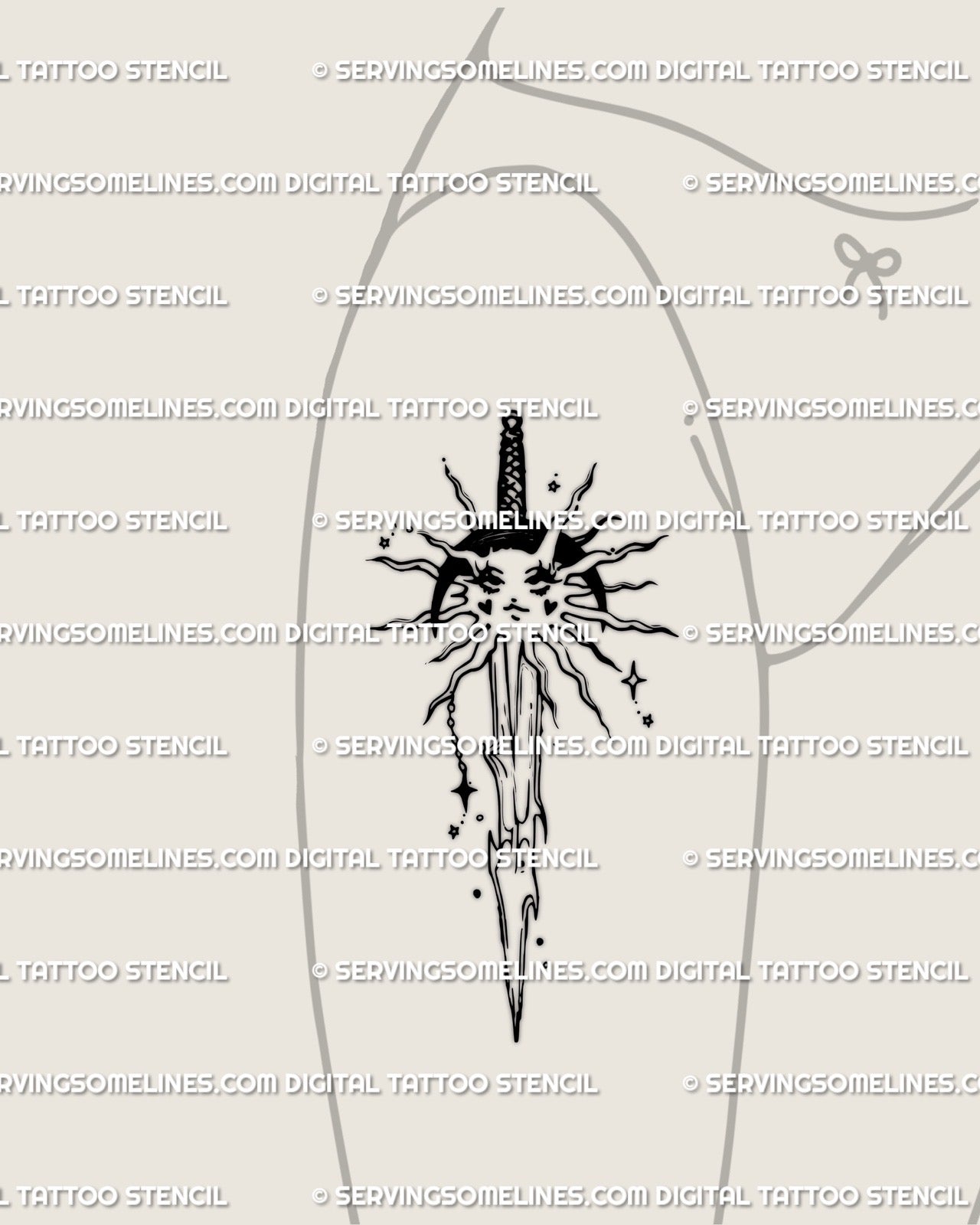 Sword tattoo stencil on forearm, celestial cyber design with sun and moon elements and digital spark details, minimal and symbolic art. 