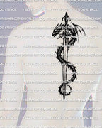 Sword with dragon tattoo stencil displayed on mens spine placement example, tall shape for back placement.