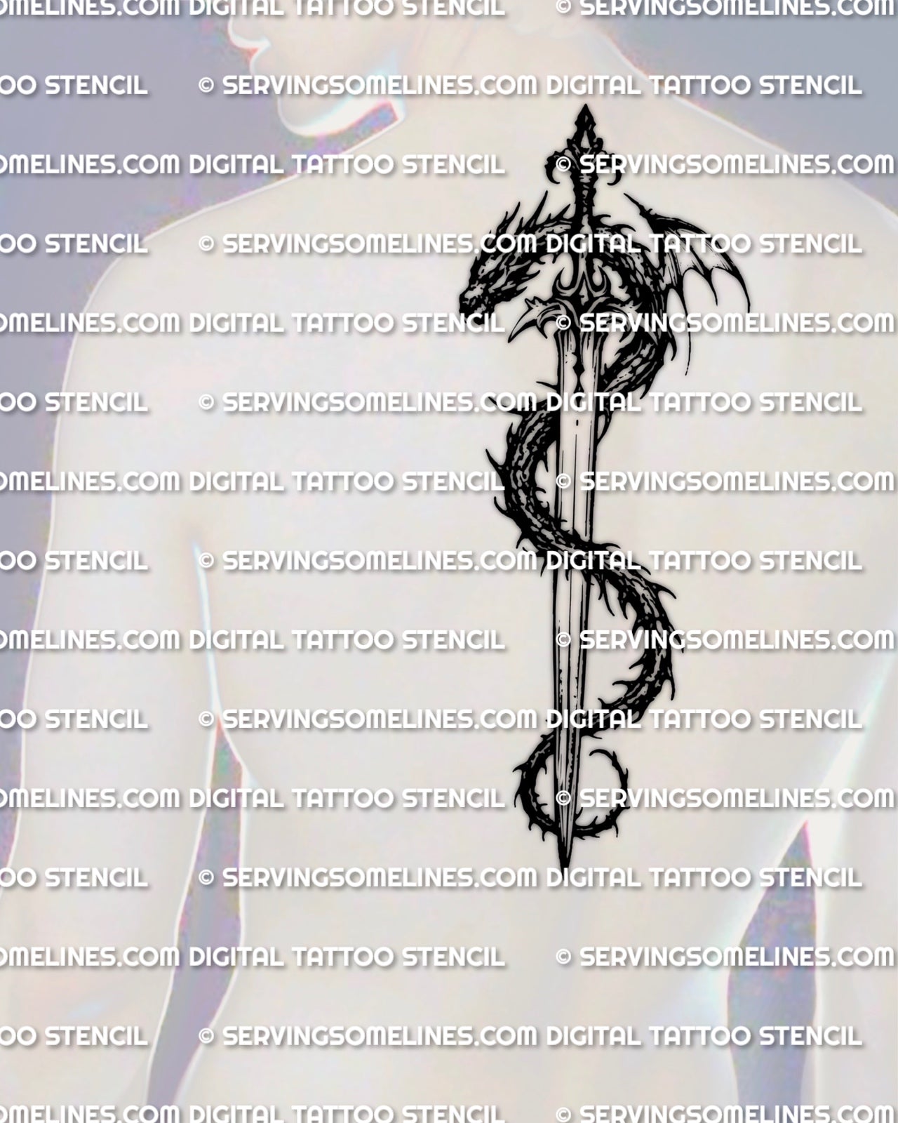 Sword with dragon tattoo stencil displayed on mens spine placement example, tall shape for back placement.