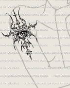 Symbolic eye sigil tattoo stencil displayed on womens arm placement preview, digital stencil download for clean transfer.