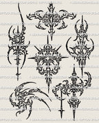 Symbolic glyph tattoo stencil sheet in cybersigilism style with 6 compact ritual inspired designs
