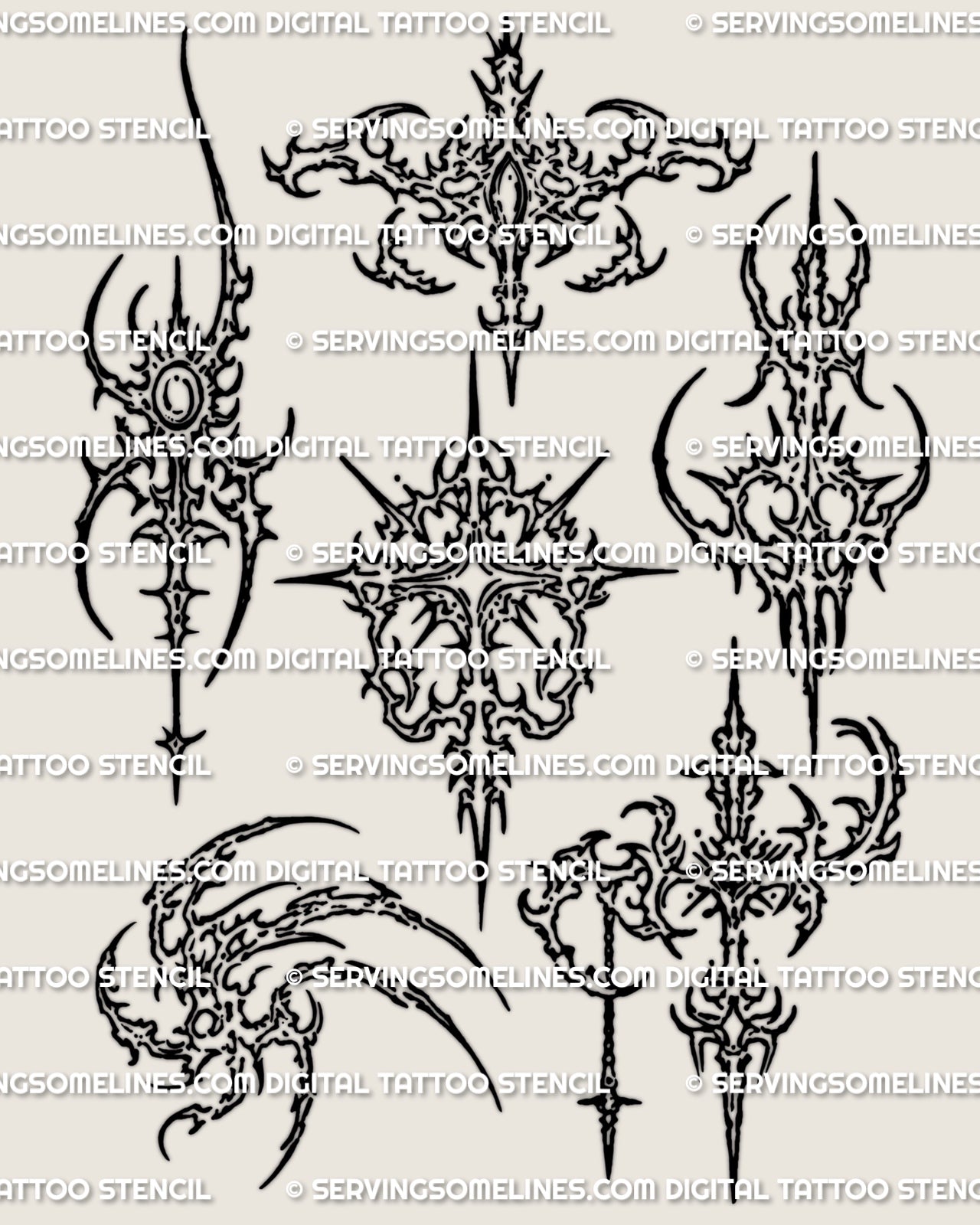 Symbolic glyph tattoo stencil sheet in cybersigilism style with 6 compact ritual inspired designs