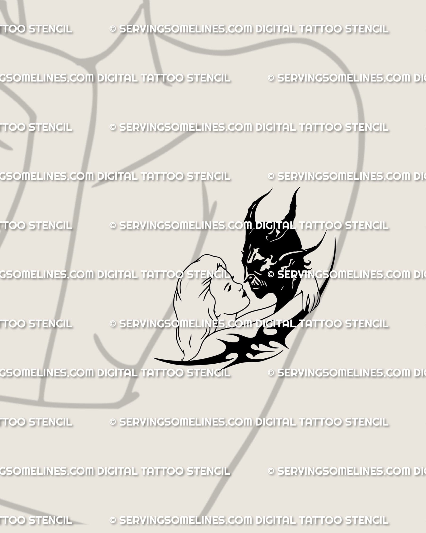 Symbolic love tattoo design showing angel and demon couple in gothic neotribal art, dark romance and devotion theme for women’s arm. 