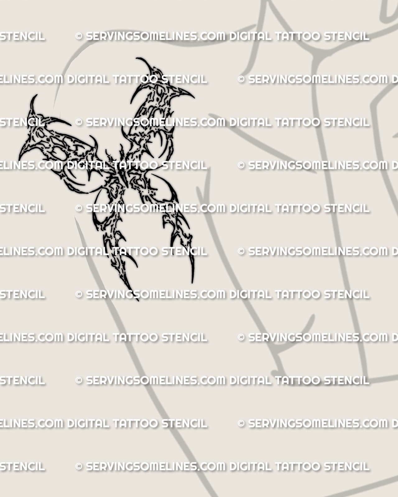 Symmetrical butterfly tattoo stencil displayed on womens upper arm placement preview, dark sigil butterfly download files.