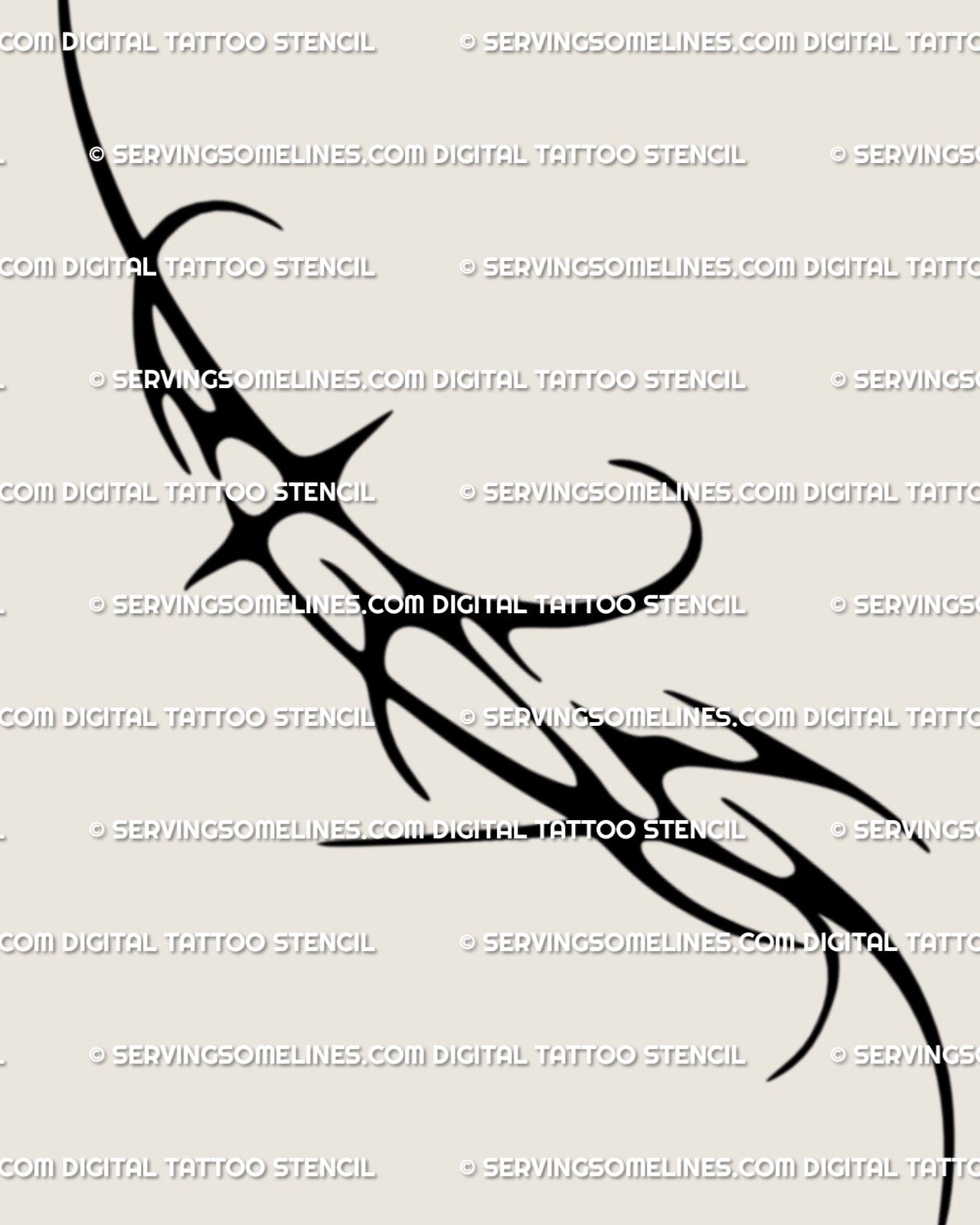 Close up of symmetrical neo tribal chest tattoo stencil, one of two cyber tribal shapes with sharp ornamental spikes, digital tattoo file preview.