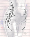 Symmetric waist to hip cyber tribal tattoo on both sides, chrome styled sigil lines shaping the stomach and pelvis with feminine sidebody abstract detailing
