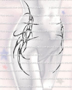 Symmetric waist to hip cyber tribal tattoo on both sides, chrome styled sigil lines shaping the stomach and pelvis with feminine sidebody abstract detailing
