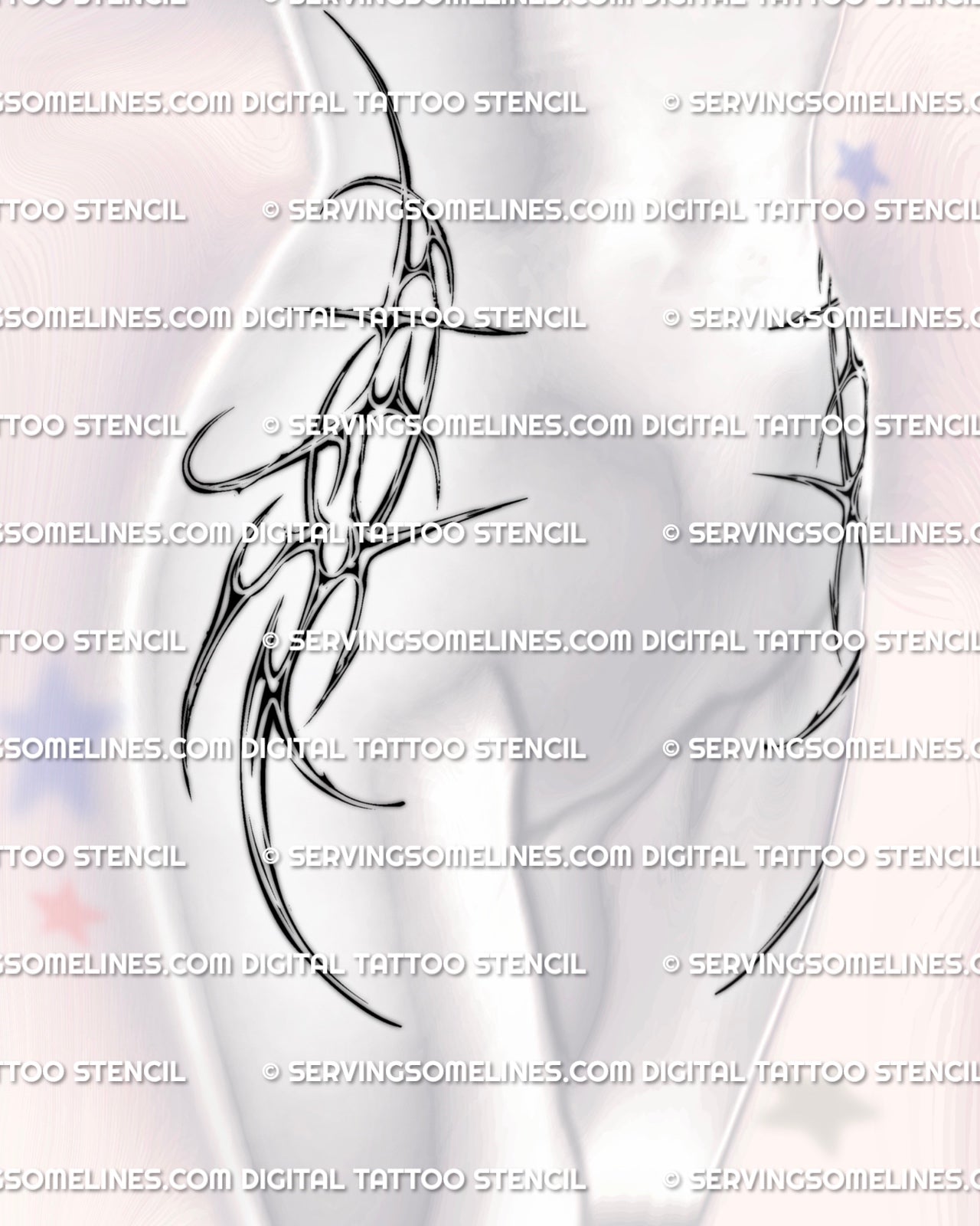 Symmetric waist to hip cyber tribal tattoo on both sides, chrome styled sigil lines shaping the stomach and pelvis with feminine sidebody abstract detailing
