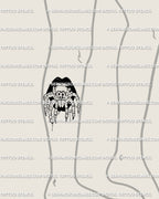 Leg tattoo mock-up of tarantula spider crawling from gothic black lips, creepy Halloween design with witchy horror detail. Digital stencil download for bold alternative tattoo style.
