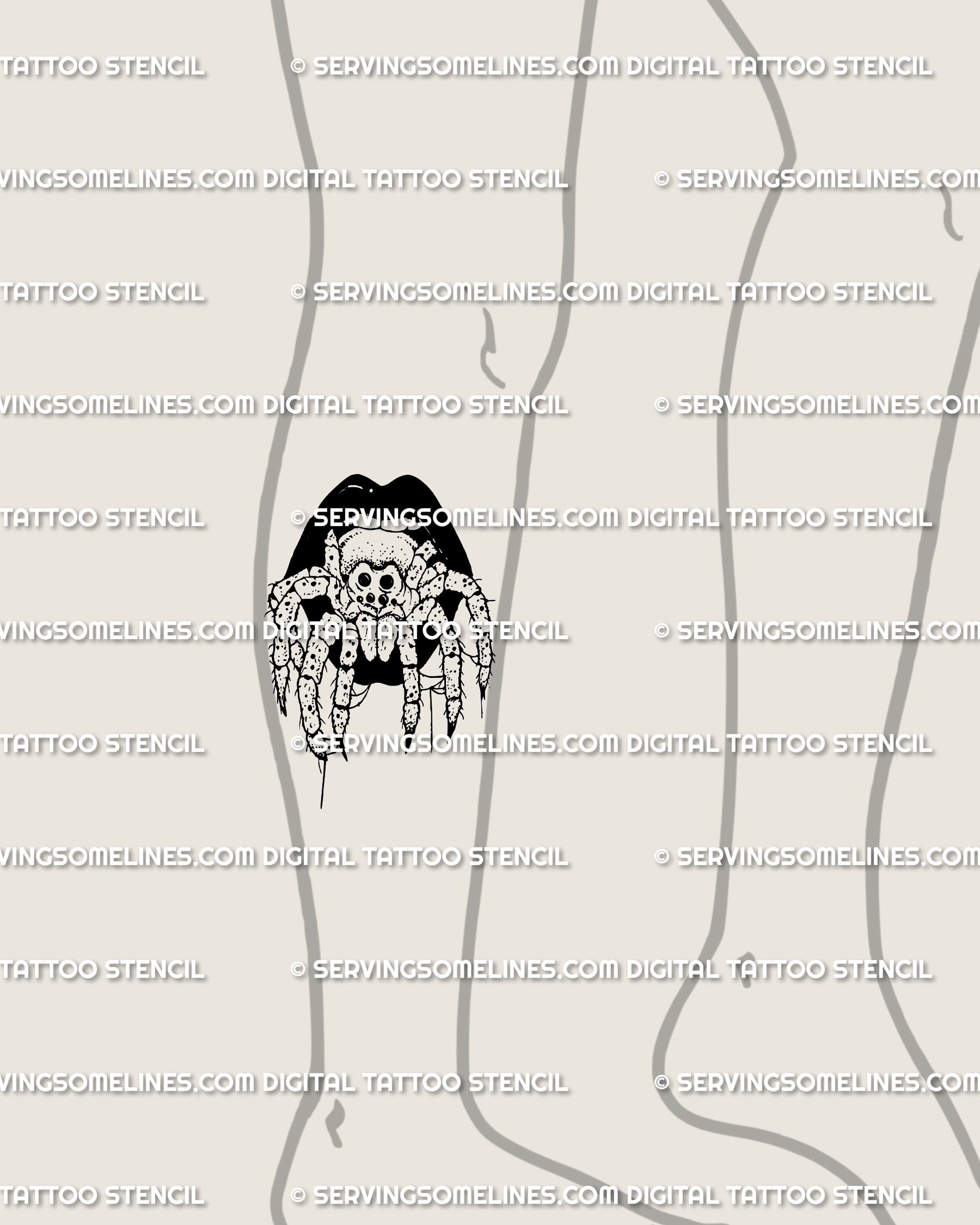 Leg tattoo mock-up of tarantula spider crawling from gothic black lips, creepy Halloween design with witchy horror detail. Digital stencil download for bold alternative tattoo style.