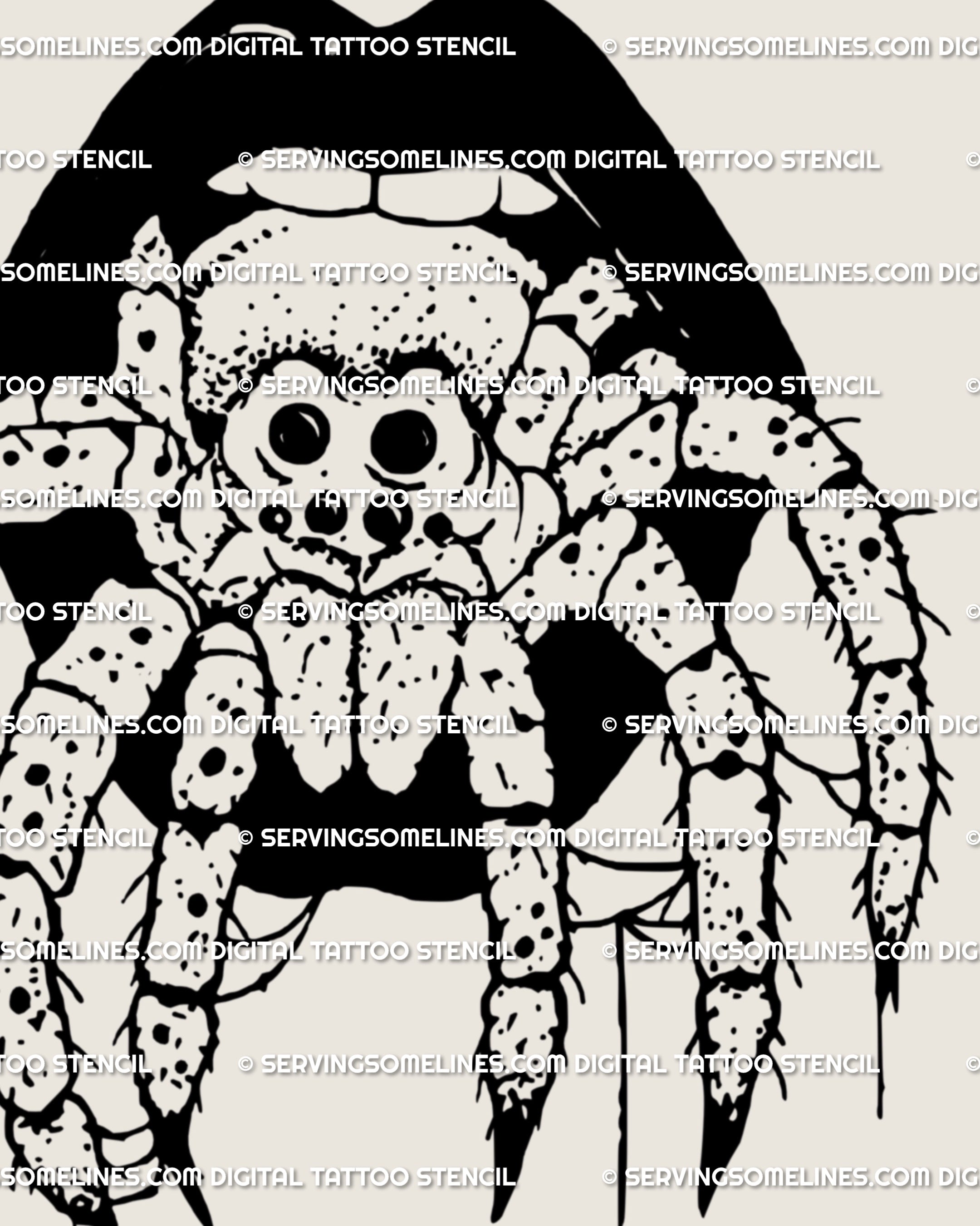 Detailed close-up of tspider in mouth tattoo design showing bold gothic lips and spooky horror detail, witchy blackwork Halloween stencil download, printable for tattoo artists.