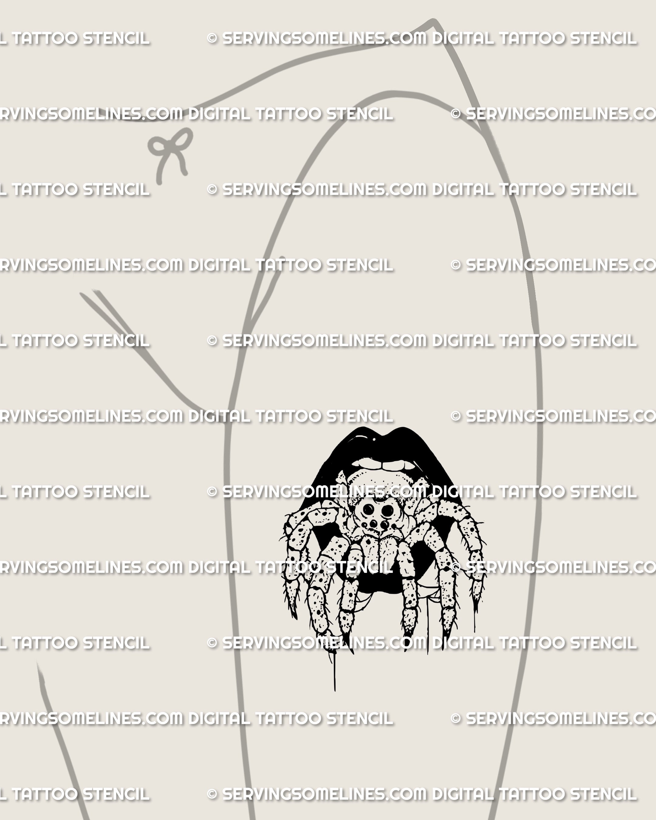 Spider in mouth thigh tattoo mock-up showing gothic horror lips with tarantula detail, a spooky witchy Halloween stencil design available as high-quality digital artwork.