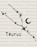 Taurus constellation tattoo stencil with crescent moon, dotted star path, clean celestial design preview