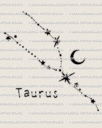 Taurus constellation tattoo stencil with crescent moon, dotted star path, clean celestial design preview