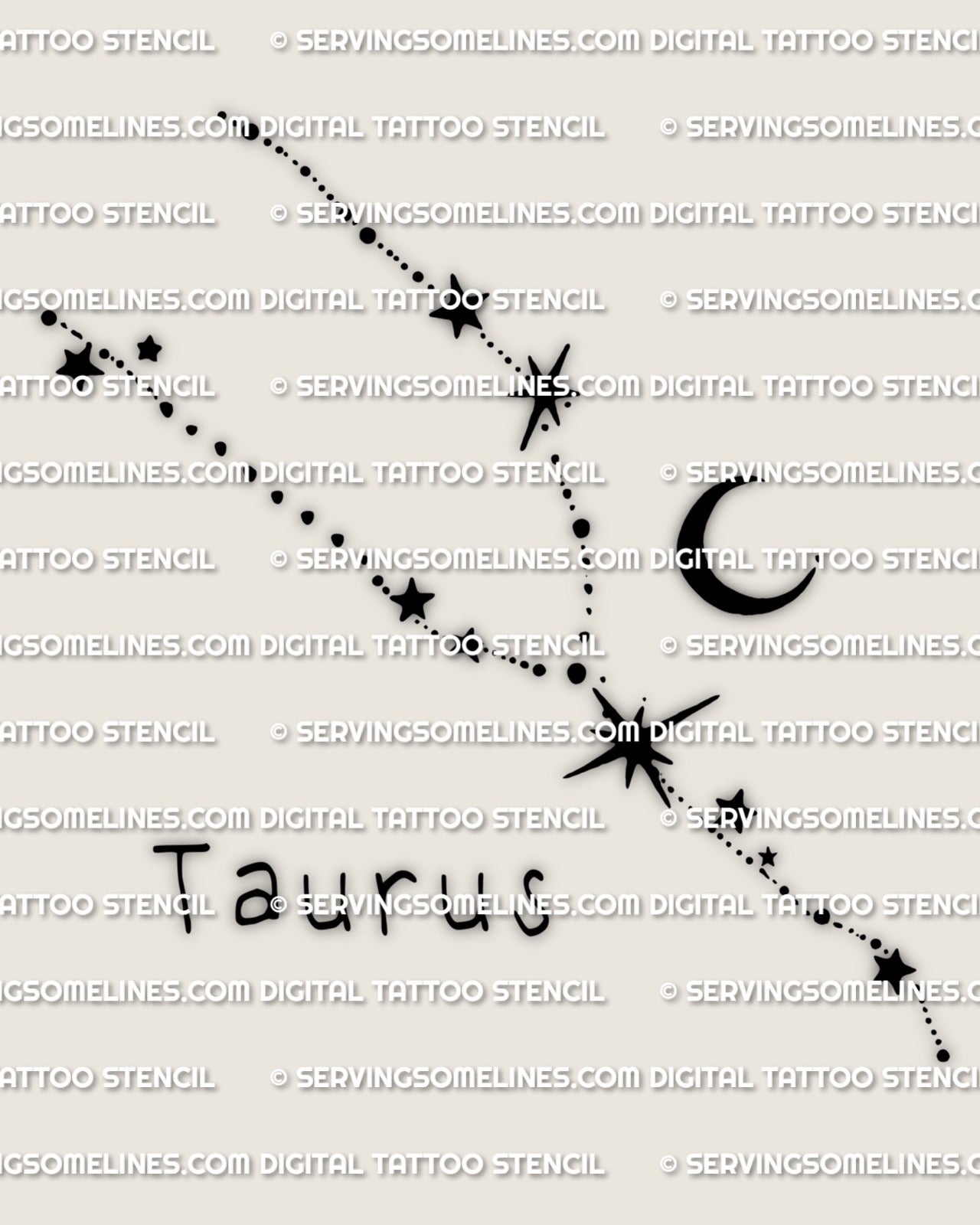 Taurus constellation tattoo stencil with crescent moon, dotted star path, clean celestial design preview