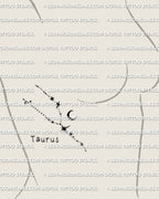 Taurus constellation tattoo stencil, shown on women ribs placement example, dotted star trail with crescent moon 