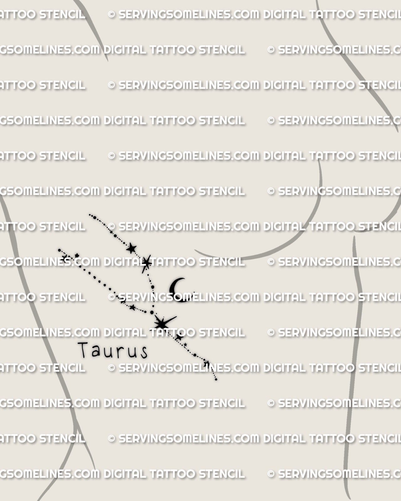 Taurus constellation tattoo stencil, shown on women ribs placement example, dotted star trail with crescent moon 