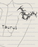 Taurus glyph tattoo stencil download, displayed on women’s upper arm placement example, crisp cybersigilism strokes.