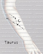 Taurus star constellation tattoo stencil, shown on forearm placement example, dotted stars with crescent moon detail 