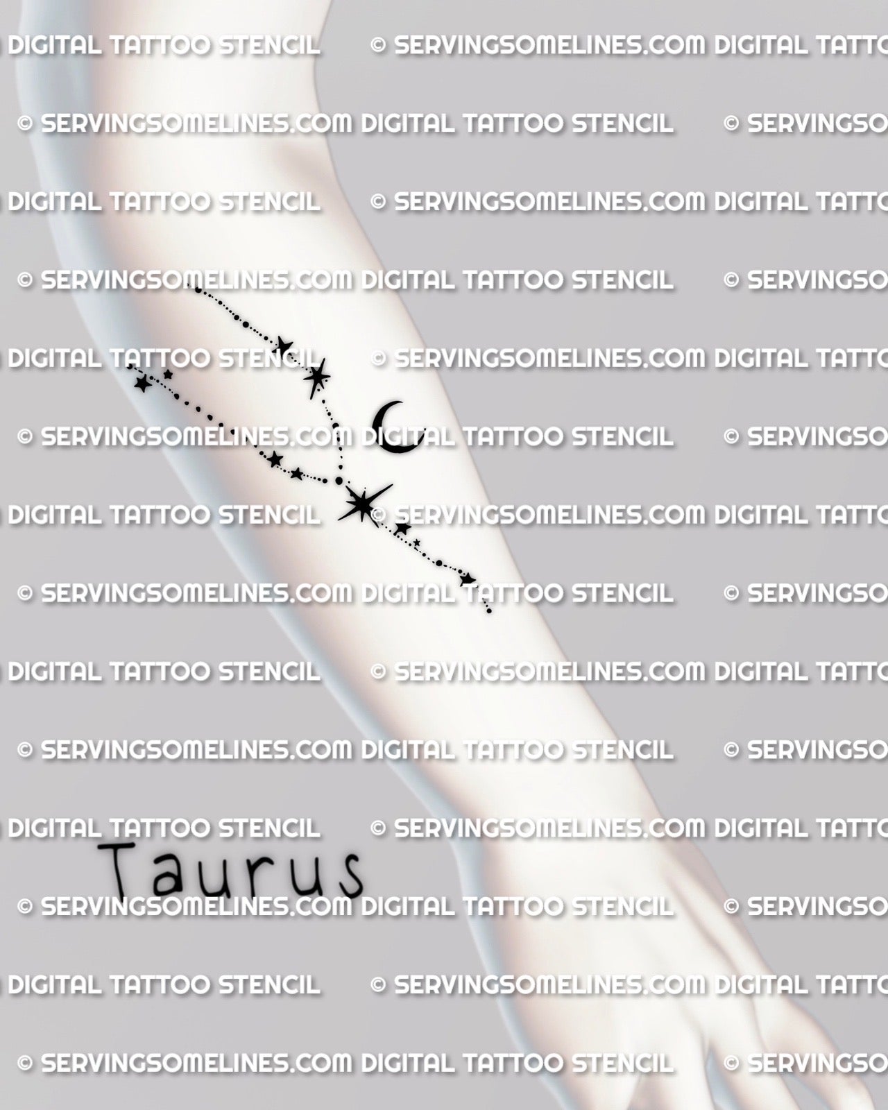 Taurus star constellation tattoo stencil, shown on forearm placement example, dotted stars with crescent moon detail 
