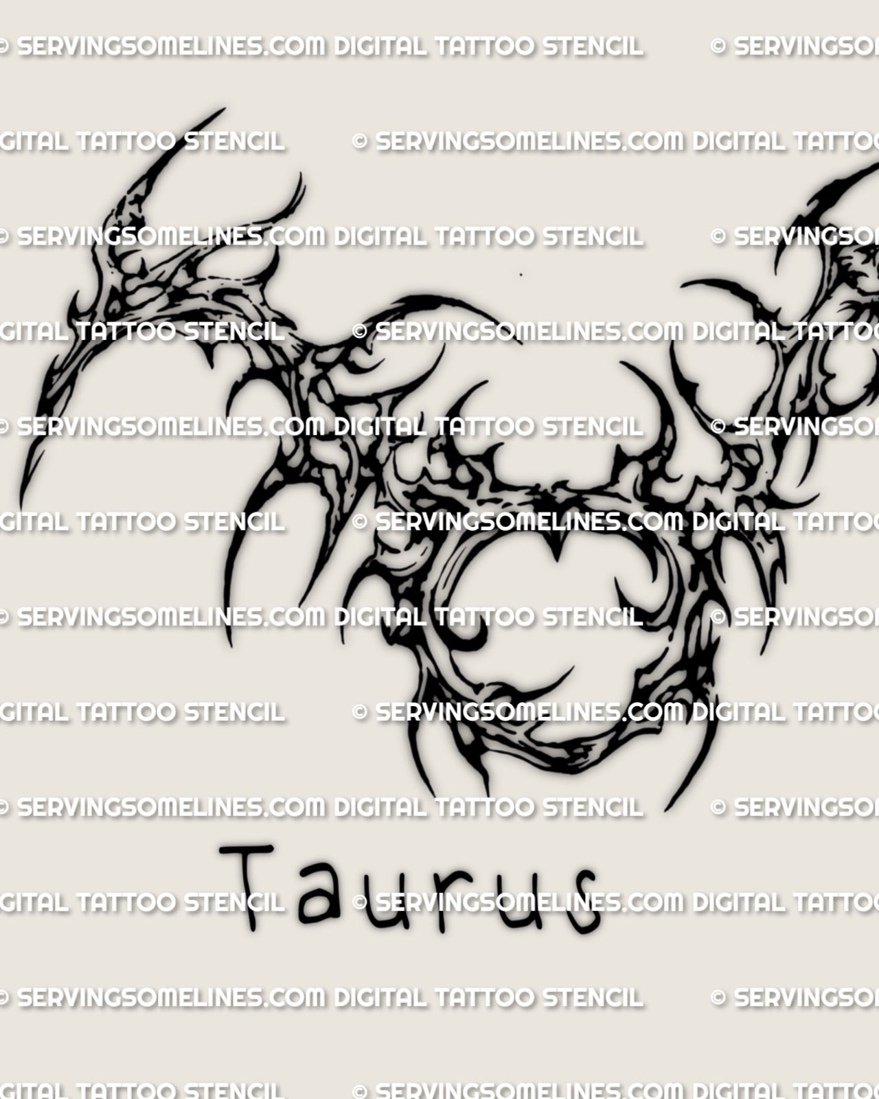 Close-up of Taurus symbol, cyber sigilism tattoo stencil download with sharp lines and clean negative space.
