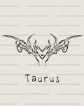 Taurus zodiac tattoo stencil with cyber-tribal heart horns design and Taurus text under it, fine line neotribal digital download art.