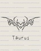 Taurus zodiac tattoo stencil with cyber-tribal heart horns design and Taurus text under it, fine line neotribal digital download art.