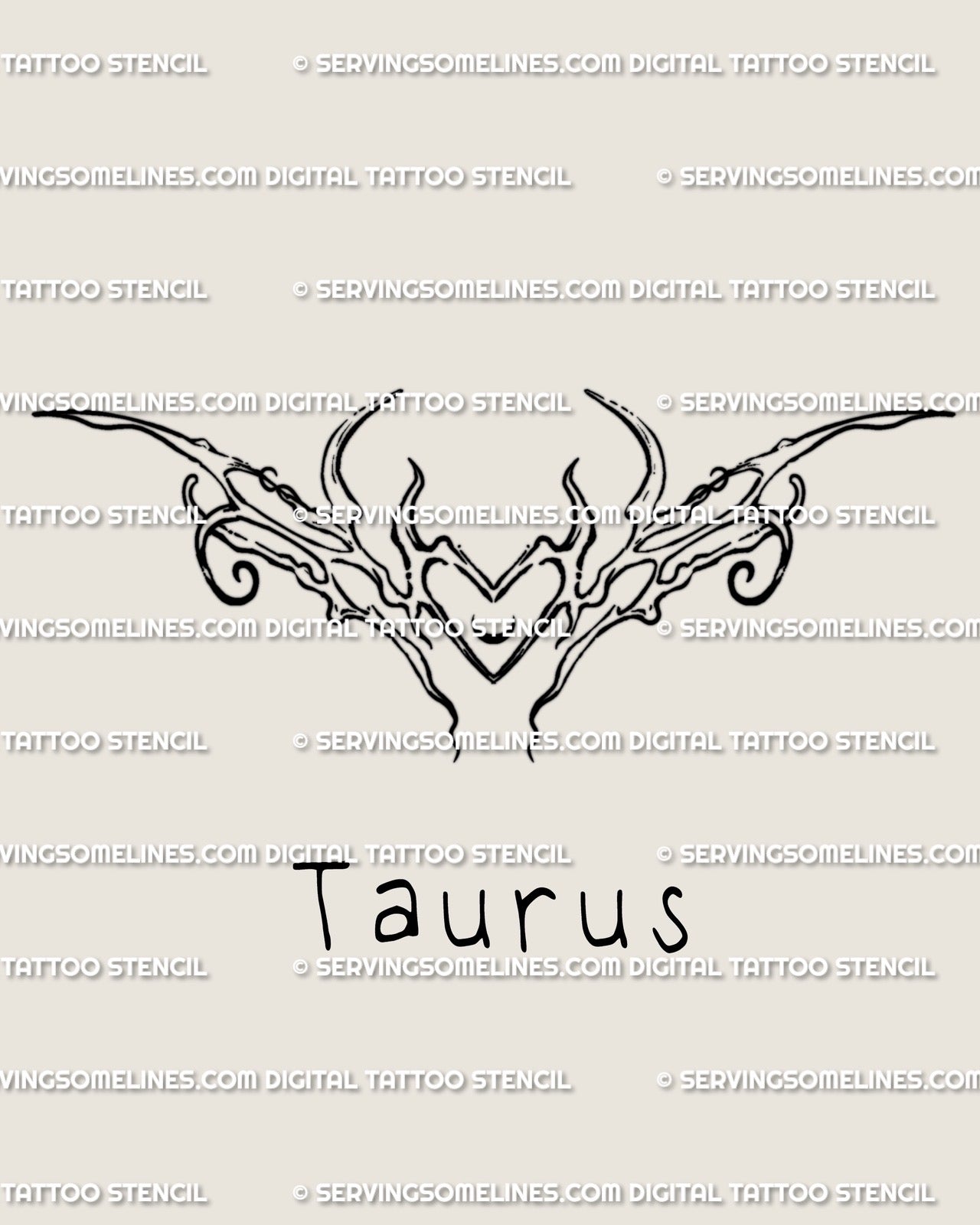 Taurus zodiac tattoo stencil with cyber-tribal heart horns design and Taurus text under it, fine line neotribal digital download art.