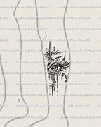 Tear drop eye tattoo stencil shown on calf placement preview, single eye design with vertical drips and stencil-ready files.