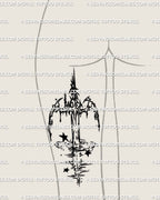 Abstract sword with water lines shown on the back of the thigh as a clean stencil for people who like long vertical fine line ideas