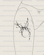 Abstract butterfly tattoo with heart core displayed on thigh, cyber sigil fairy wings digital stencil for feminine ink.