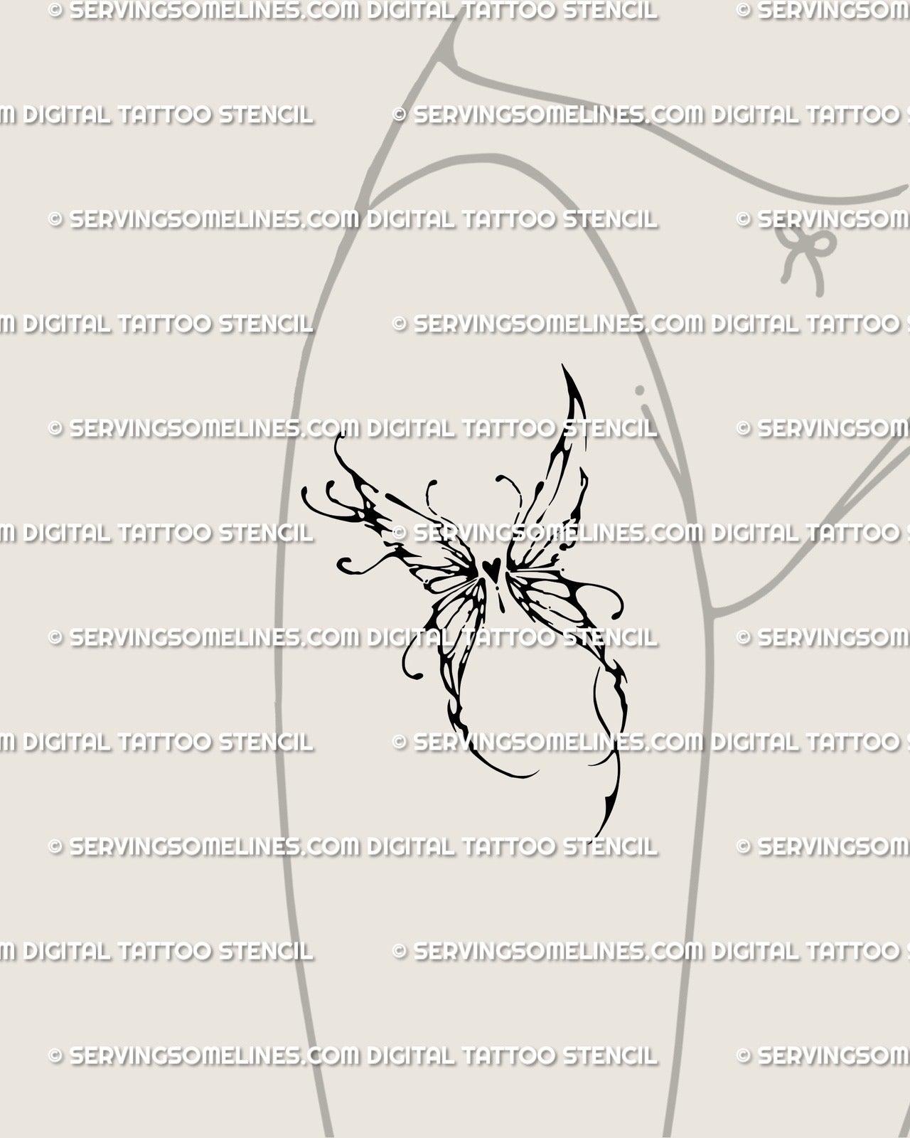 Abstract butterfly tattoo with heart core displayed on thigh, cyber sigil fairy wings digital stencil for feminine ink.