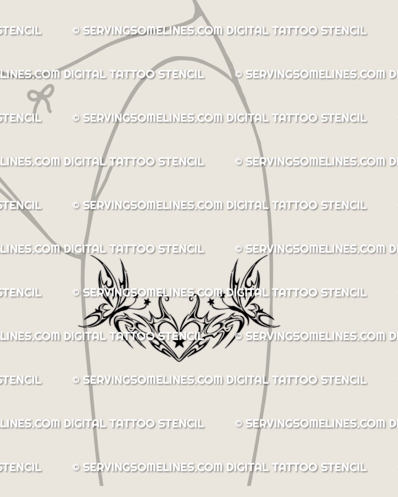 feminine thigh mockup with a butterfly and tribal heart tattoo that includes Y2K inspired stars and curved ornamental shapes
