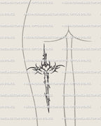 Feminine back-of-thigh tattoo idea featuring dagger cross cybersigilism stencil, sleek ornamental sword and cross form. 