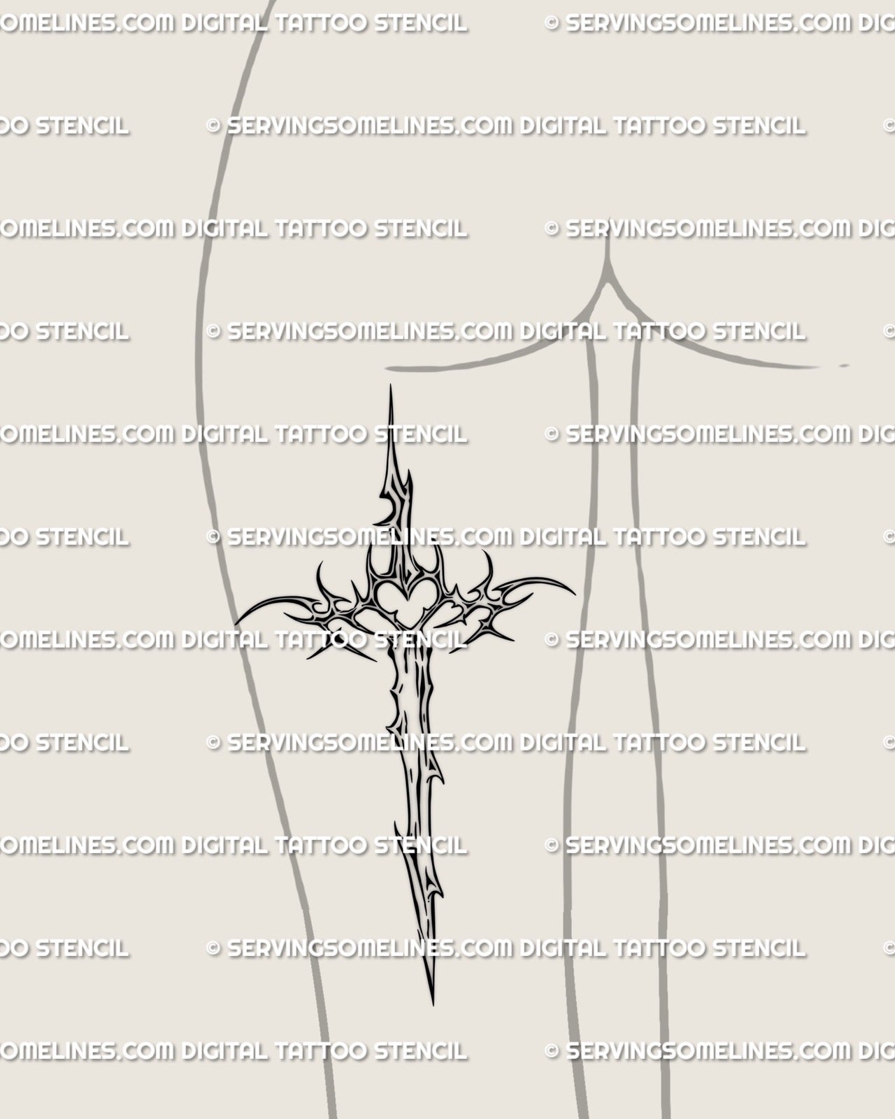 Feminine back-of-thigh tattoo idea featuring dagger cross cybersigilism stencil, sleek ornamental sword and cross form. 