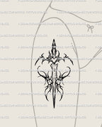 Tattoo preview on woman’s thigh showing warrior sword with butterfly wings, protective digital tattoo stencil in tribal fairy style. 