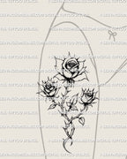 Fine line thigh rose linework tattoo stencil shown on front thigh placement, delicate floral gothic design for tattoo shoppers