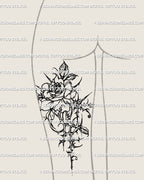 Back of the thigh rose tattoo idea for women featuring gothic cybersigilism thorns and cybertribal floral design flow. 