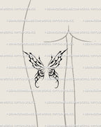 Tribal butterfly tattoo on woman’s thigh, edgy cybersigilism stencil with dark fairy vibe and modern witch aesthetic. 
