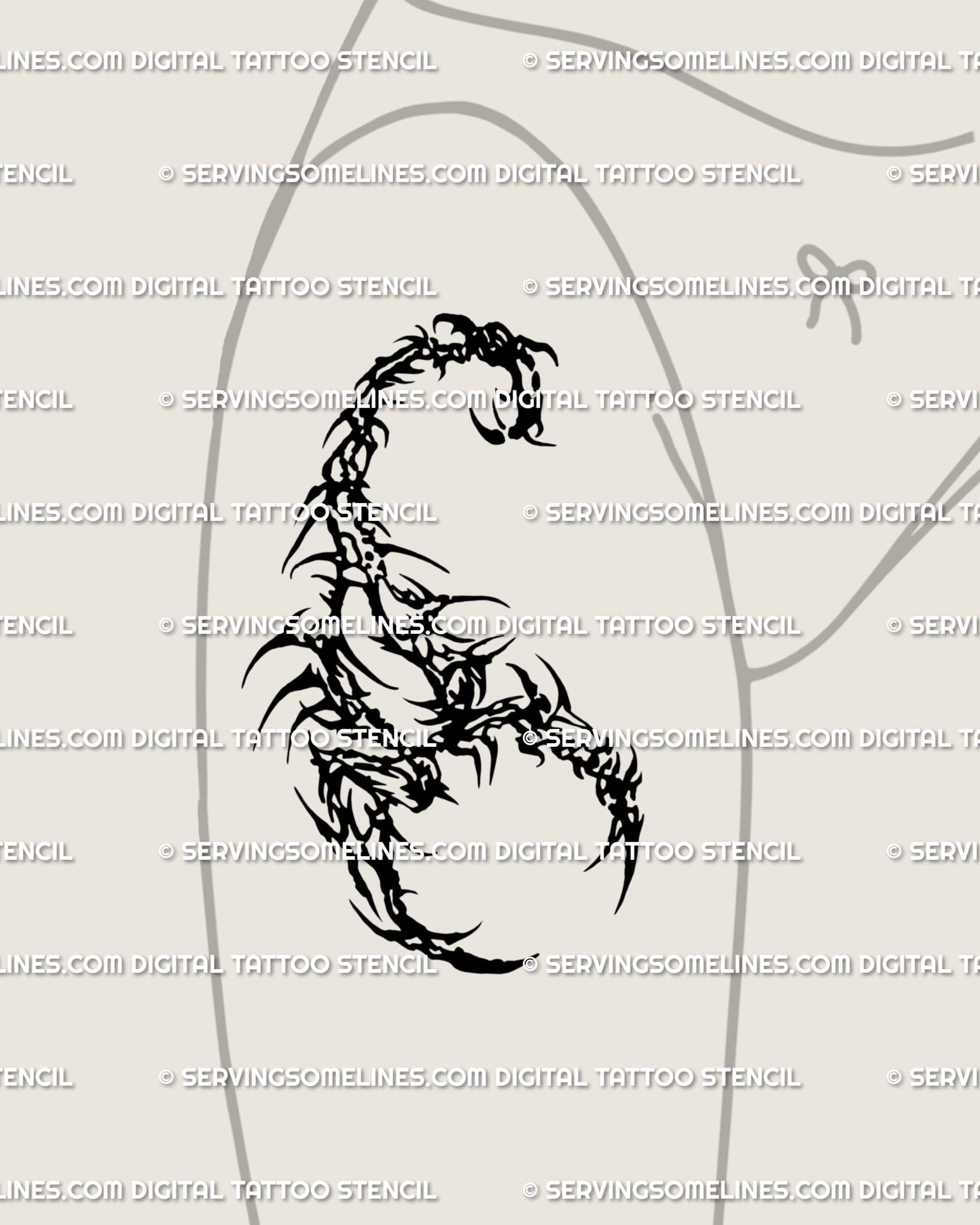 Dark gothic scorpion tattoo stencil for the thigh, drawn in neo tribal cybersigil style with sharp symmetry, a cyber sigil scorpion tattoo design for bold placements.