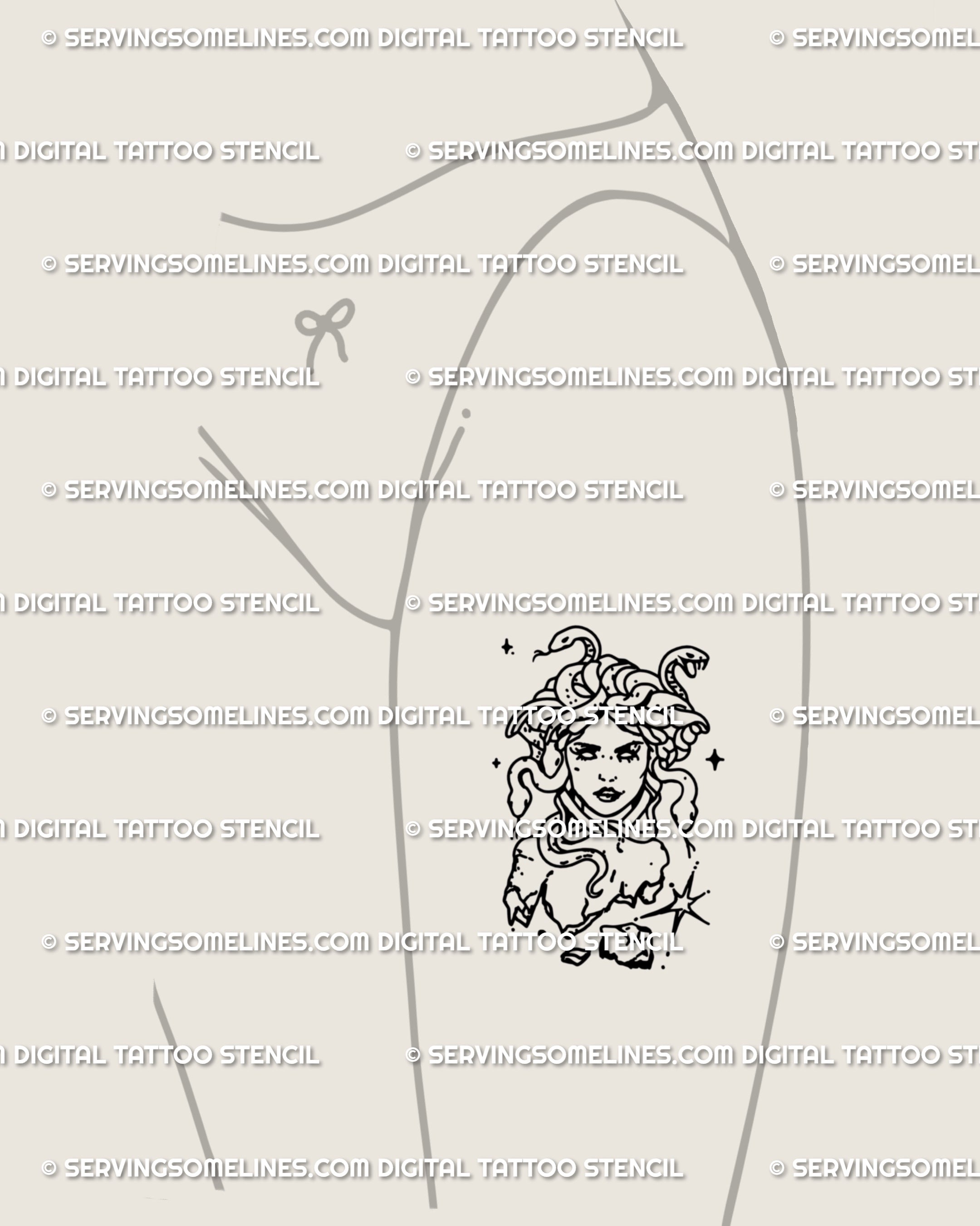Cracked statue Medusa tattoo idea scaled to thigh, gothic mythology flash that blends divine feminine power with snake hair line art in bold form.
