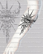 Third eye tattoo stencil shown on forearm placement preview, symbolic eye design download with clean stencil transfer files.