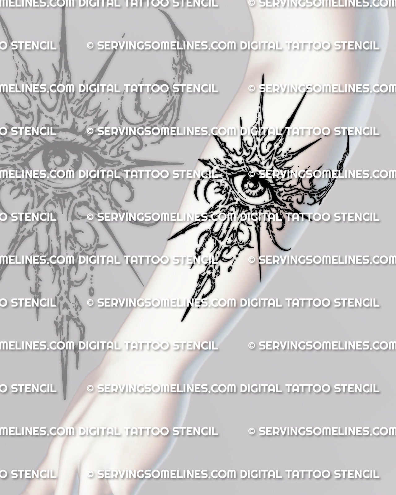 Third eye tattoo stencil shown on forearm placement preview, symbolic eye design download with clean stencil transfer files.