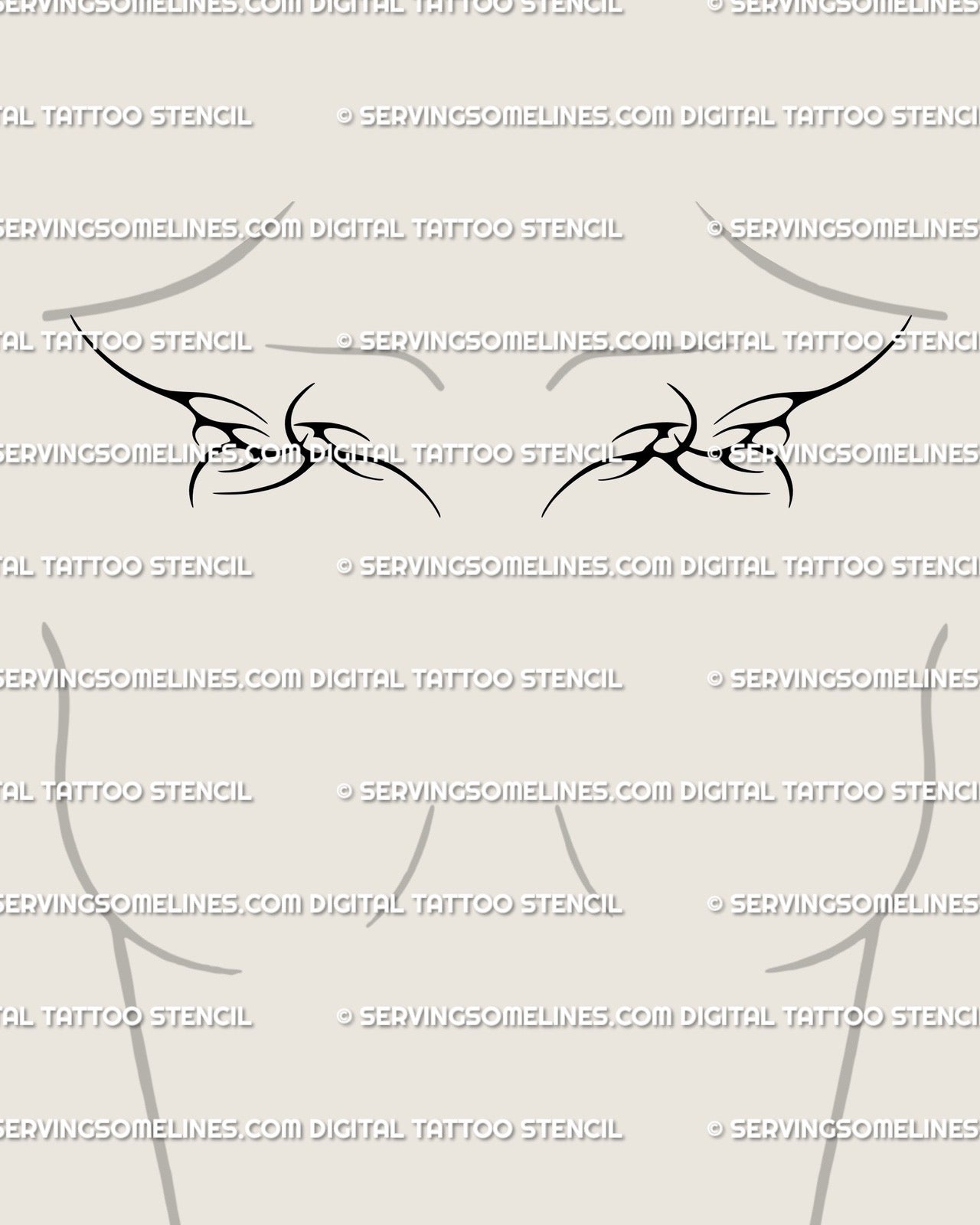 Digital thorn collarbone tattoo stencil displayed on women’s chest, clean symmetrical spikes curving naturally along the collarbones.