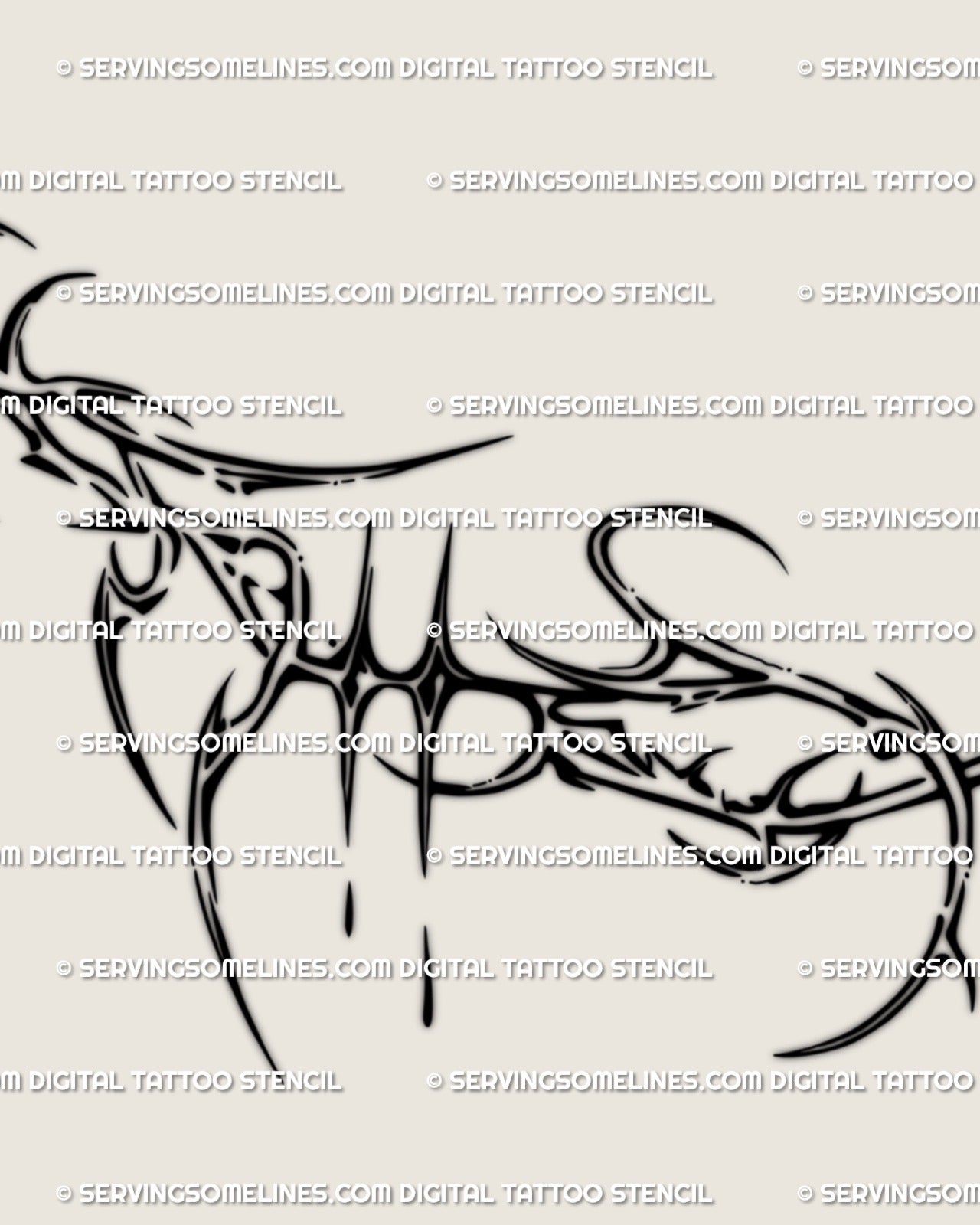 Thorn cybersigilism rib tattoo stencil digital design preview, gothic dark lines and sharp curves shaped for side ribs or side breast anatomy.