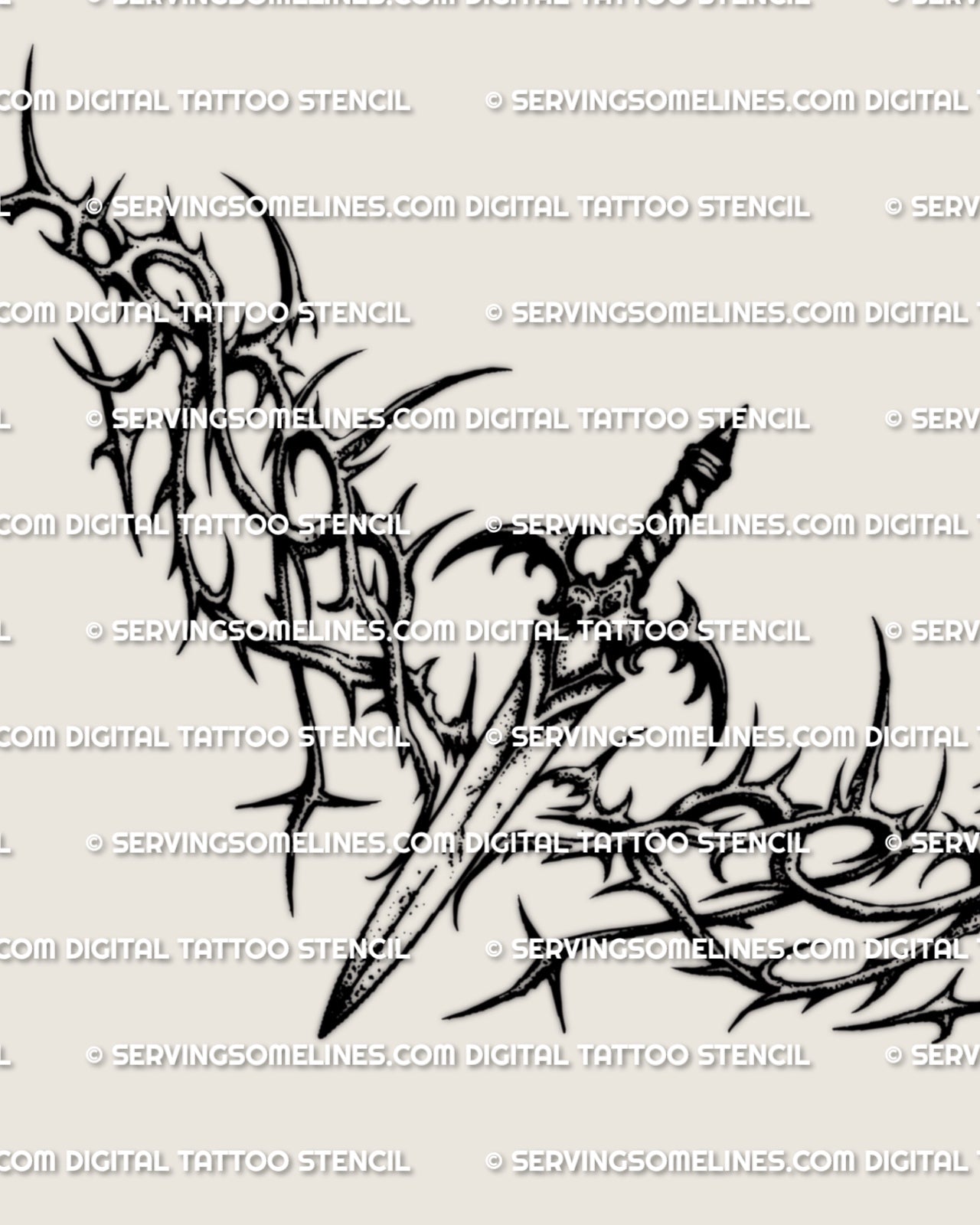 Thorn dagger tattoo stencil design with barbed gothic linework, central blade, and lower back tattoo placement intent