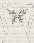 Thorn fairy wings tattoo stencil shown in a smaller women’s upper back center placement with compact pointed wing detail