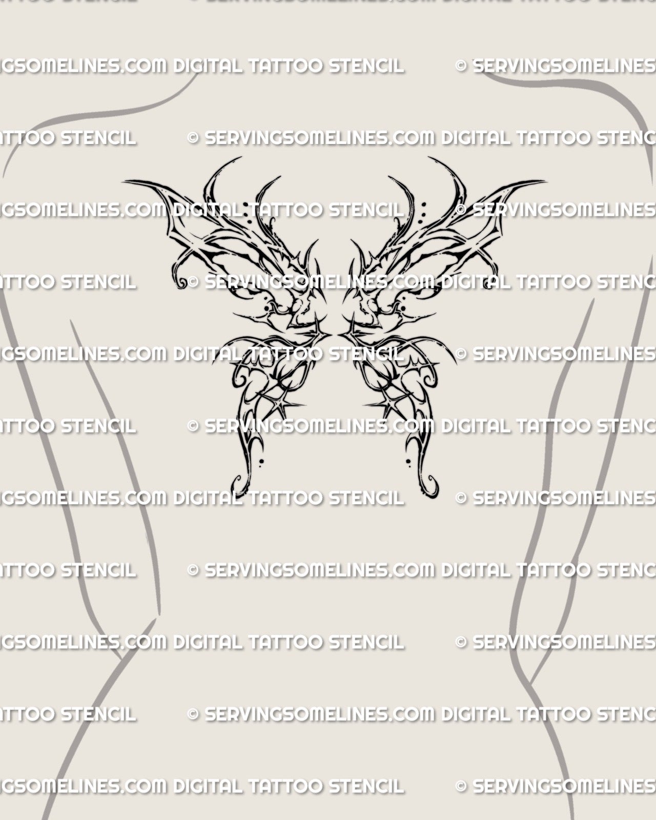 Thorn fairy wings tattoo stencil shown in a smaller women’s upper back center placement with compact pointed wing detail